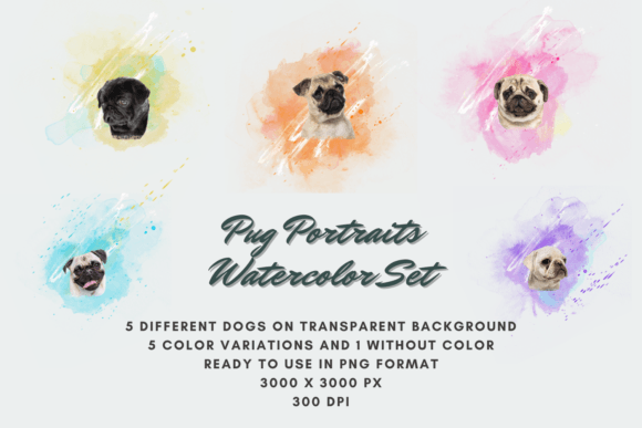 30 Pug Portraits Watercolor Set Dog
