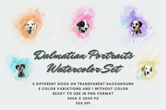 5 Dalmatian Portraits Watercolor Set