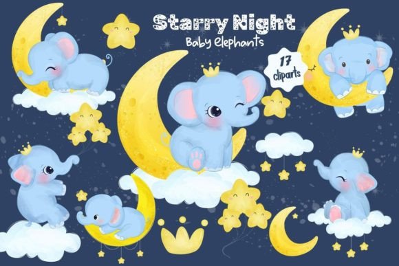 Starry Night Series, Baby Elephants: A Versatile Graphic Collection for Creative Projects